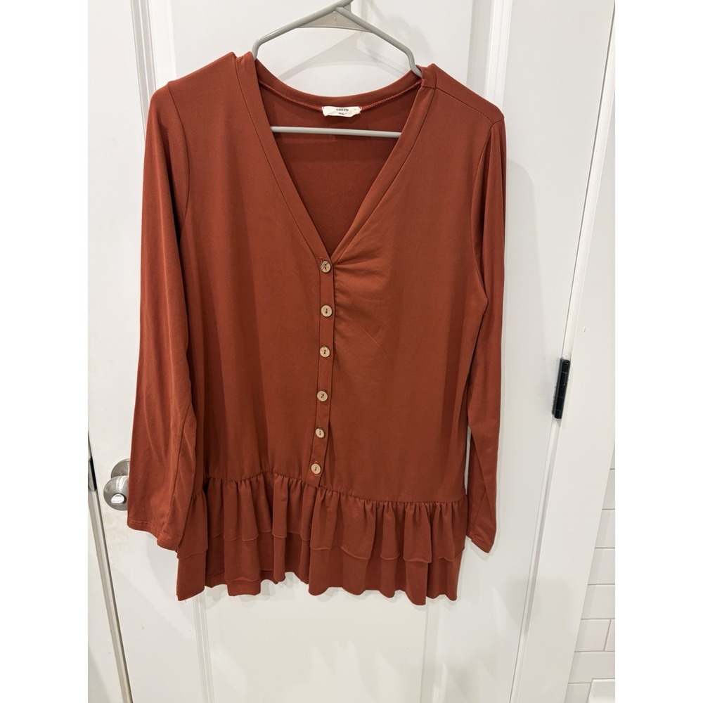 Entro Boutique Women's Rust Fall Long Sleeve Blouse Ruffled Cuff Button Size M